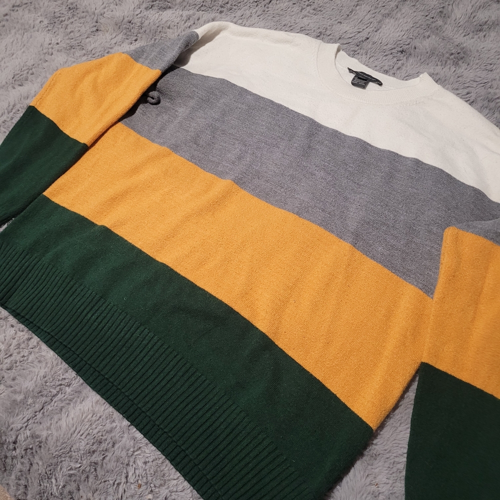 Super Soft French Connection Color Block Crewneck Sweater with Bold Stripes